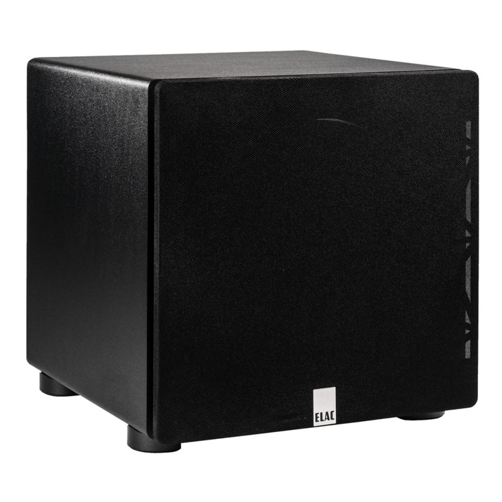 ELAC Varro PS350 12" Premium Powered Subwoofer, gloss black angled view with grill