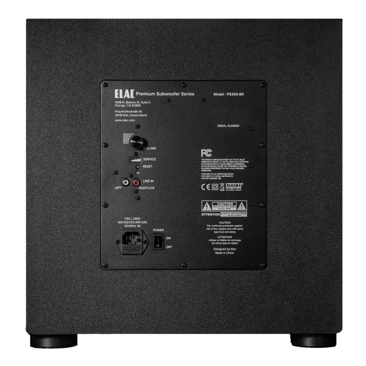ELAC Varro PS350 12" Premium Powered Subwoofer, gloss black rear panel, inputs and outputs