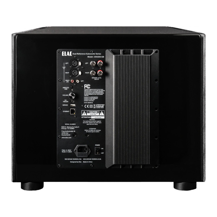 ELAC Varro DS1200 Dual 12" Reference Powered Subwoofer rear view, inputs and outputs