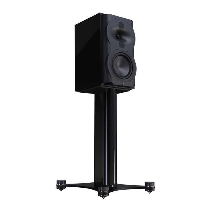 Perlisten R4b Bookshelf Speakers, piano black on stand