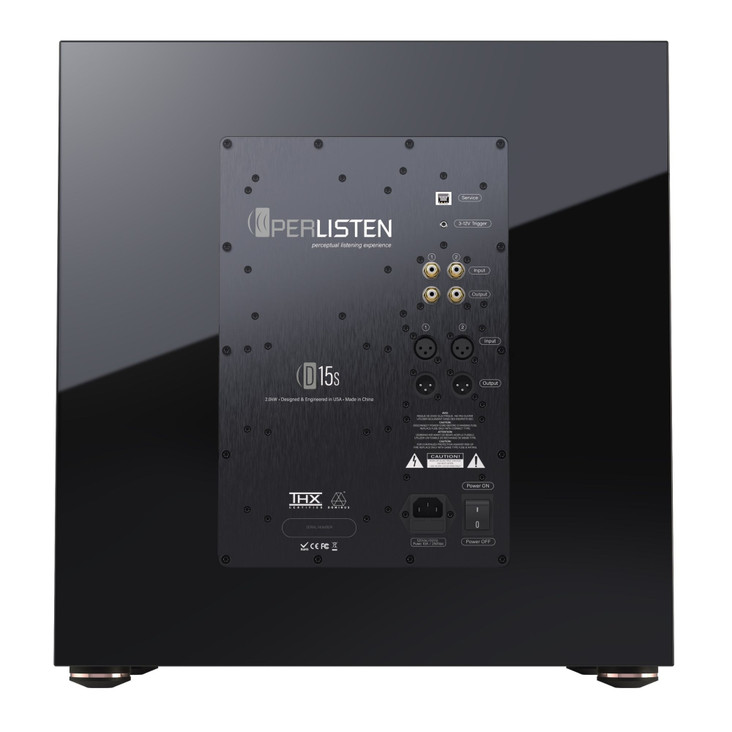 Perlisten D15s Powered Subwoofer, Piano Black rear view, inputs and outputs