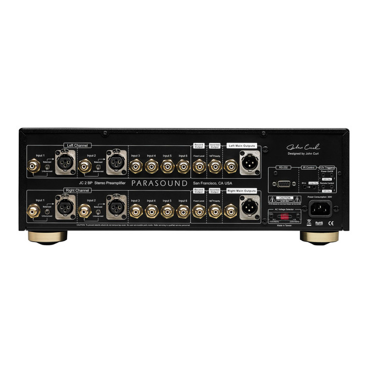 Parasound Halo JC 2 BP Preamplifier with Bypass, black rear panel view ,inputs and outputs