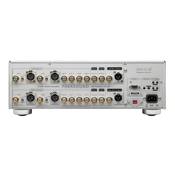 Parasound Halo JC 2 BP Preamplifier with Bypass, silver rear panel view ,inputs and outputs