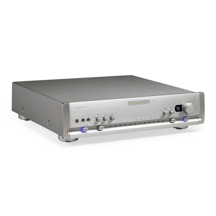 Parasound Halo P 6 2.1 Channel Preamplifier with DAC and Phono, silver top angled view