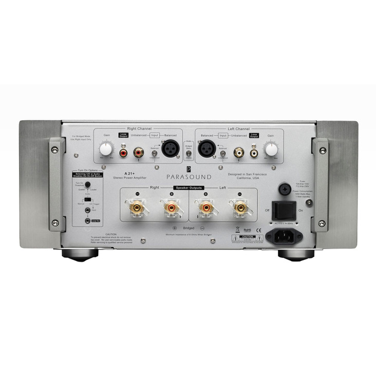 Parasound Halo A 21+ Stereo Power Amplifier, silver rear panel, inputs and outputs