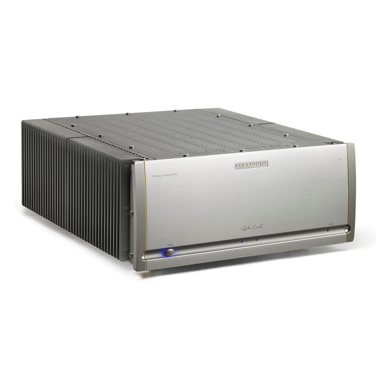 Parasound Halo JC 5 Stereo Power Amplifier, silver angled view