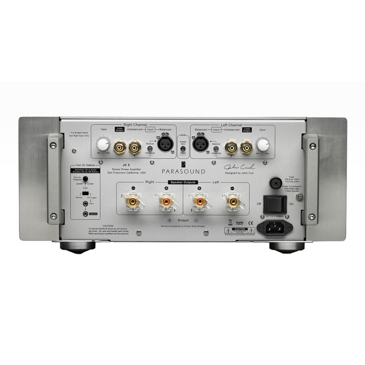 Parasound Halo JC 5 Stereo Power Amplifier, silver rear panel, inputs and outputs