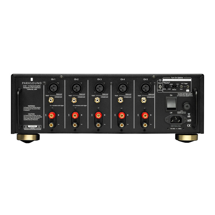 Parasound Halo A 52+ Five Channel Power Amplifier rear panel view, inputs and outputs