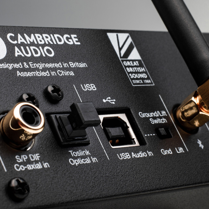 Detail view of the headphone amplifier inputs and outputs