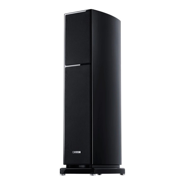Canton Reference 5K Floorstanding Speakers; Black piano finish, angled view with grill in place