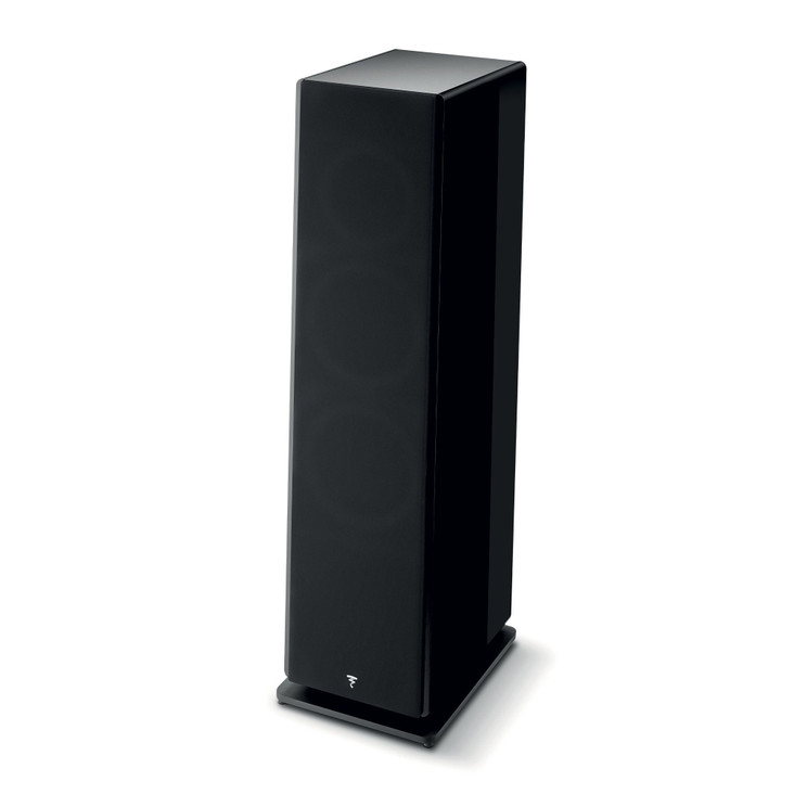 Focal Vestia No. 4 Floorstanding Speakers, Black High Gloss angled view with grill