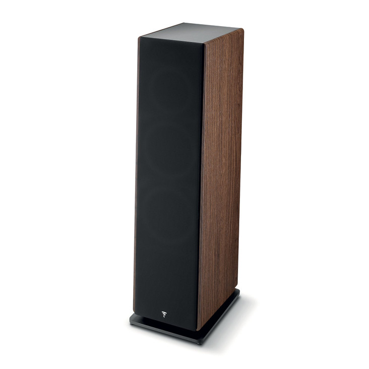 Focal Vestia No. 4 Floorstanding Speakers, dark wood angled view with grill