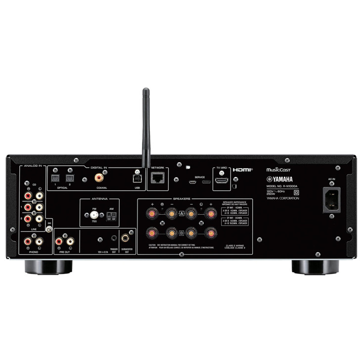 Yamaha R-N1000A Stereo Network Receiver, black, rear panel, inputs and outputs