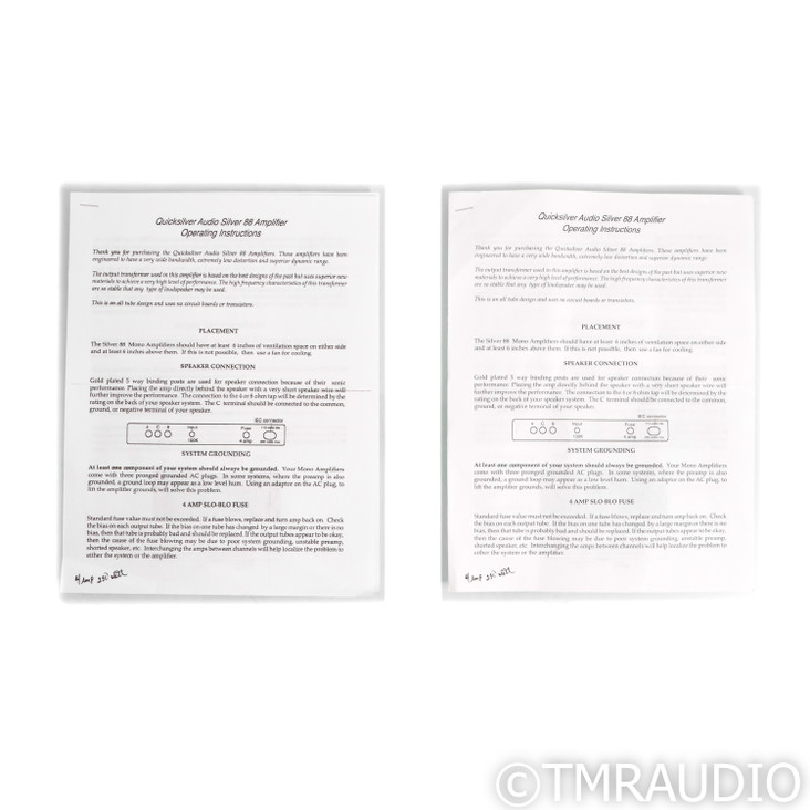 Quicksilver Audio Silver 88 Tube Monoblock Power Amplifiers; Pair