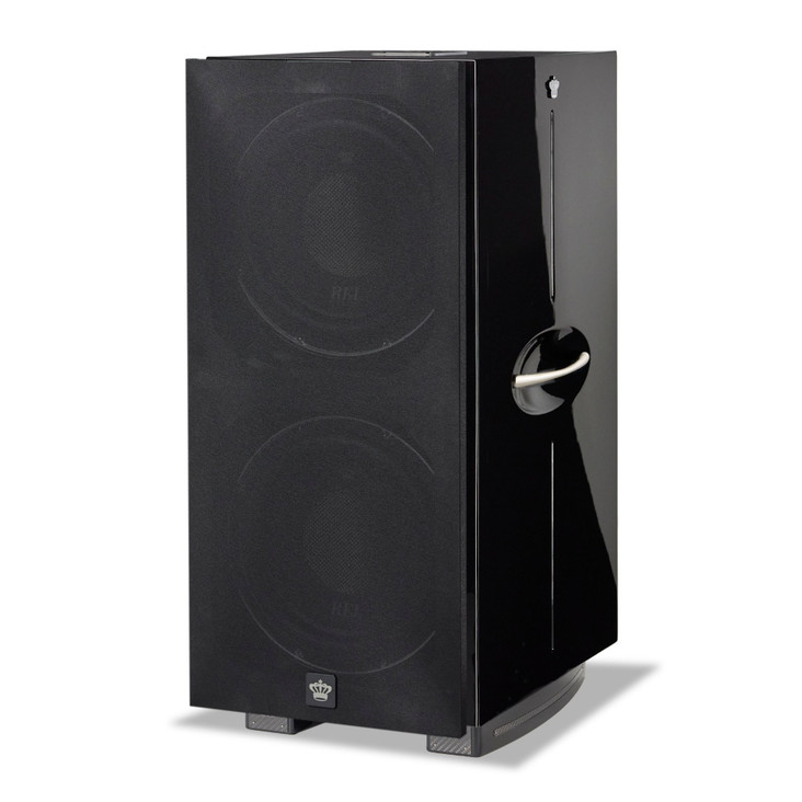 REL 212 Black Label Dual 12" Powered Subwoofer, front angled view with black cloth grille