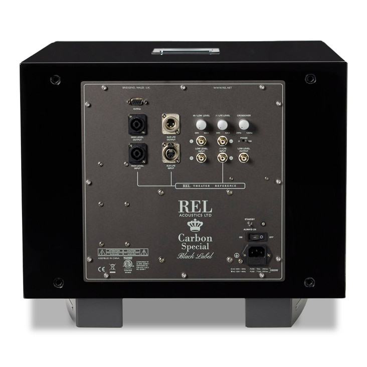 REL Carbon Special Black Label 12” Powered Subwoofer rear panel, amplifier section and controls / inputs