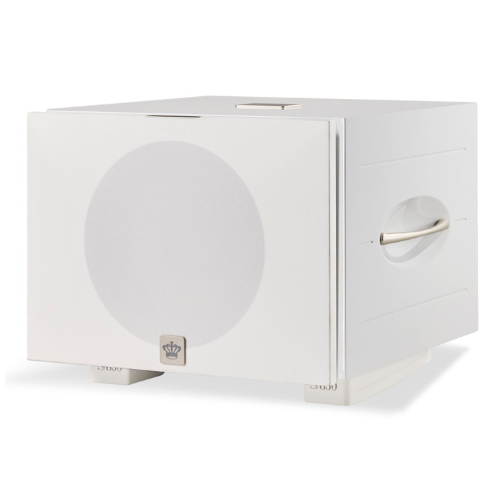 REL S850 12" Powered Subwoofer, piano white finish front angled view with included white cloth grille