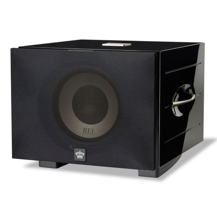 REL S850 10" Powered Subwoofer, piano black finish front angled view with included black cloth grille