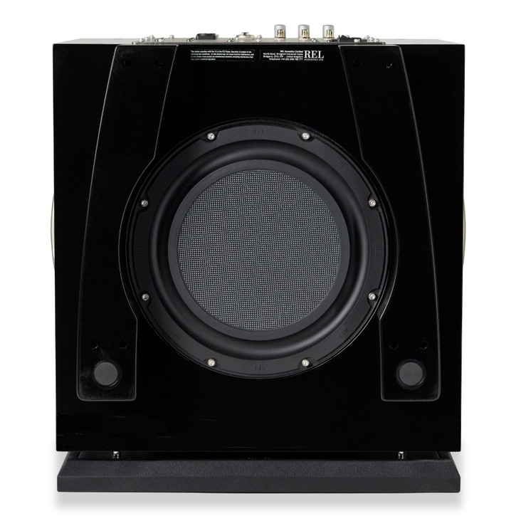 REL S850 12" Powered Subwoofer, piano black finish bottom passive radiator