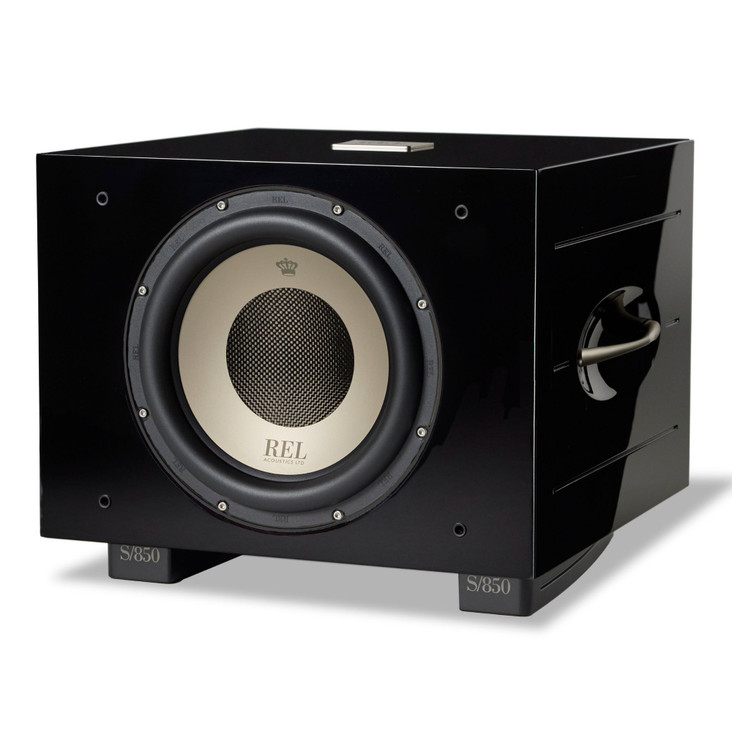 REL S850 12" Powered Subwoofer, piano black finish front angled view