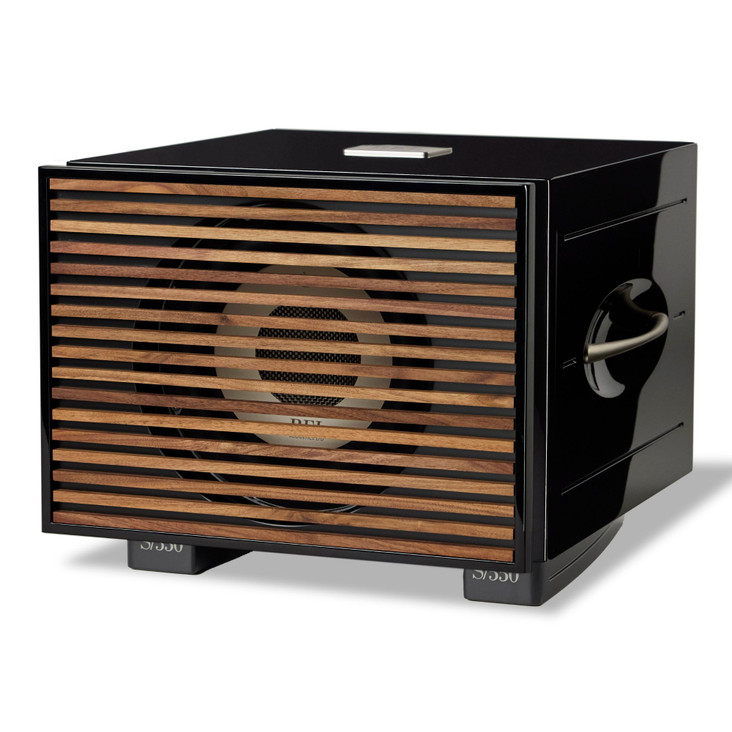 REL S/550 Premium Wood Grille on black piano finished subwoofer