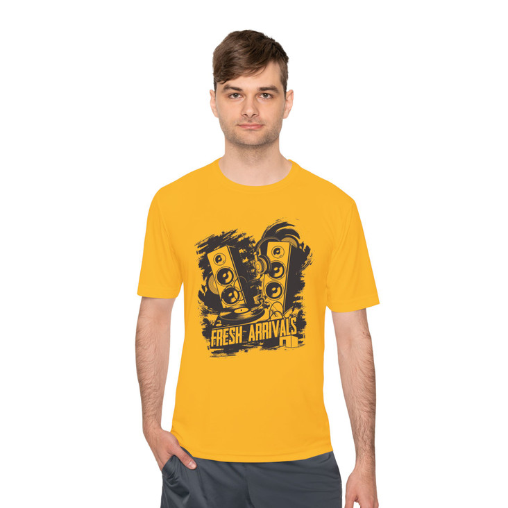 Music Speaker Graphic Tee — "Fresh Arrivals" Moisture‑Wicking Performance Shirt