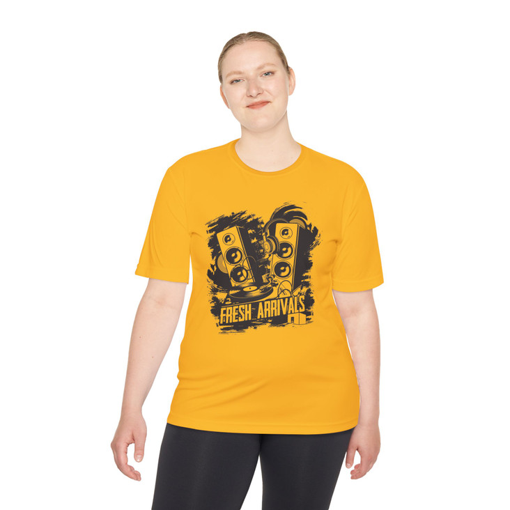 Music Speaker Graphic Tee — "Fresh Arrivals" Moisture‑Wicking Performance Shirt