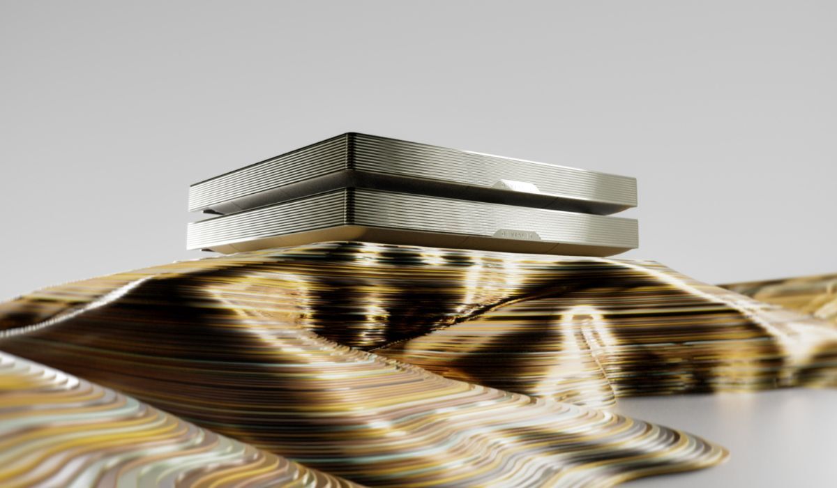 Devialet Astra Streaming All-In-One Amplifier, Light Bronze Dual amplifiers hero shot on gold topographic pedestal