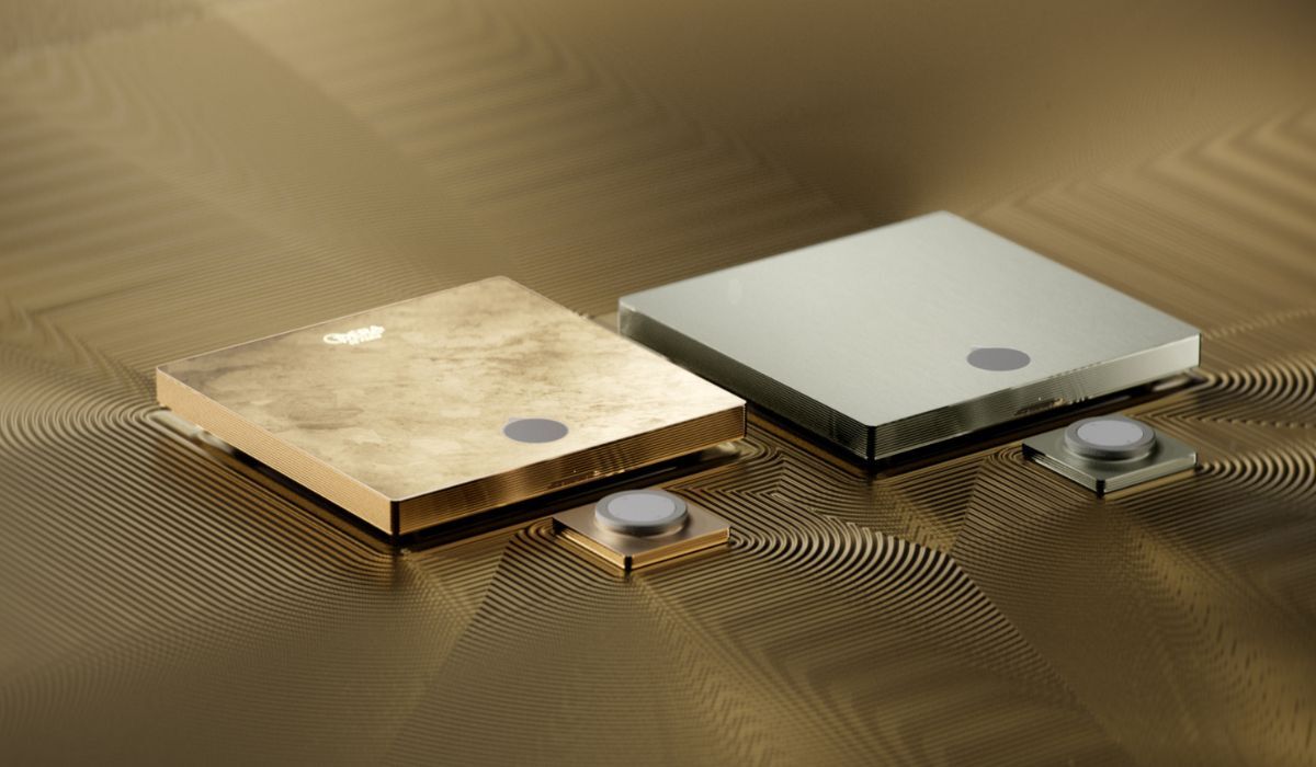 Devialet Astra Streaming All-In-One Amplifier, both finishes on geometric background