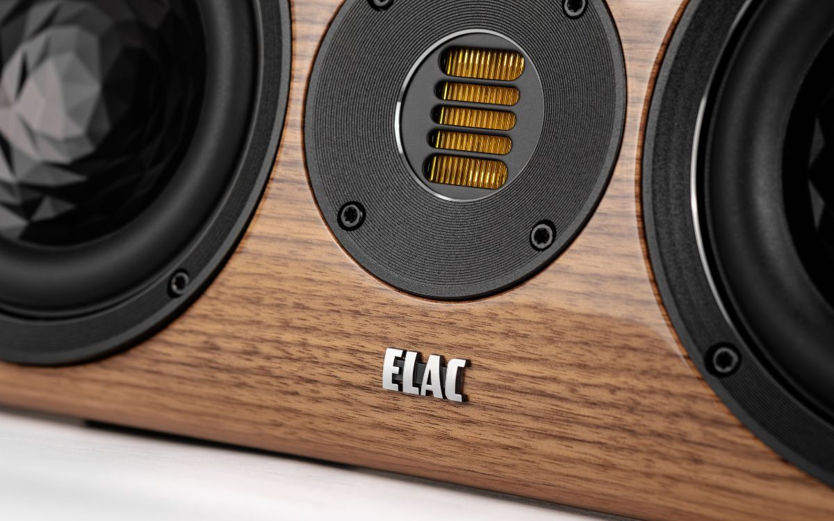 ELAC Vela 2.0 VCC401 Center Channel Speaker walnut detail shot, new tweeter, woofers, and ELAC badge