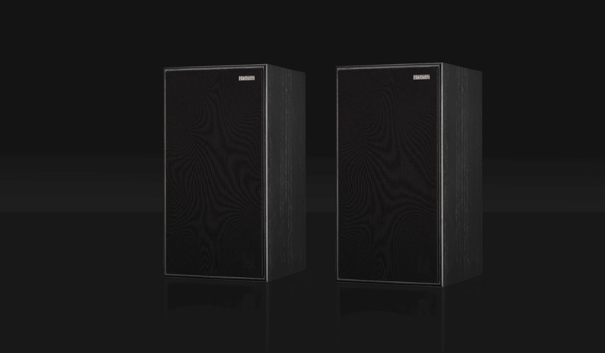 Harbeth C7ES-3 XD2 Bookshelf Speakers, hero shot showing high quality Black Ash veneer
