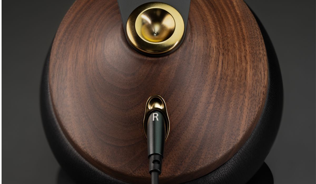 Meze 99 Classics 2nd Gen Closed-Back Headphones, earcup detail shot, CNC milled form solid Walnut wood