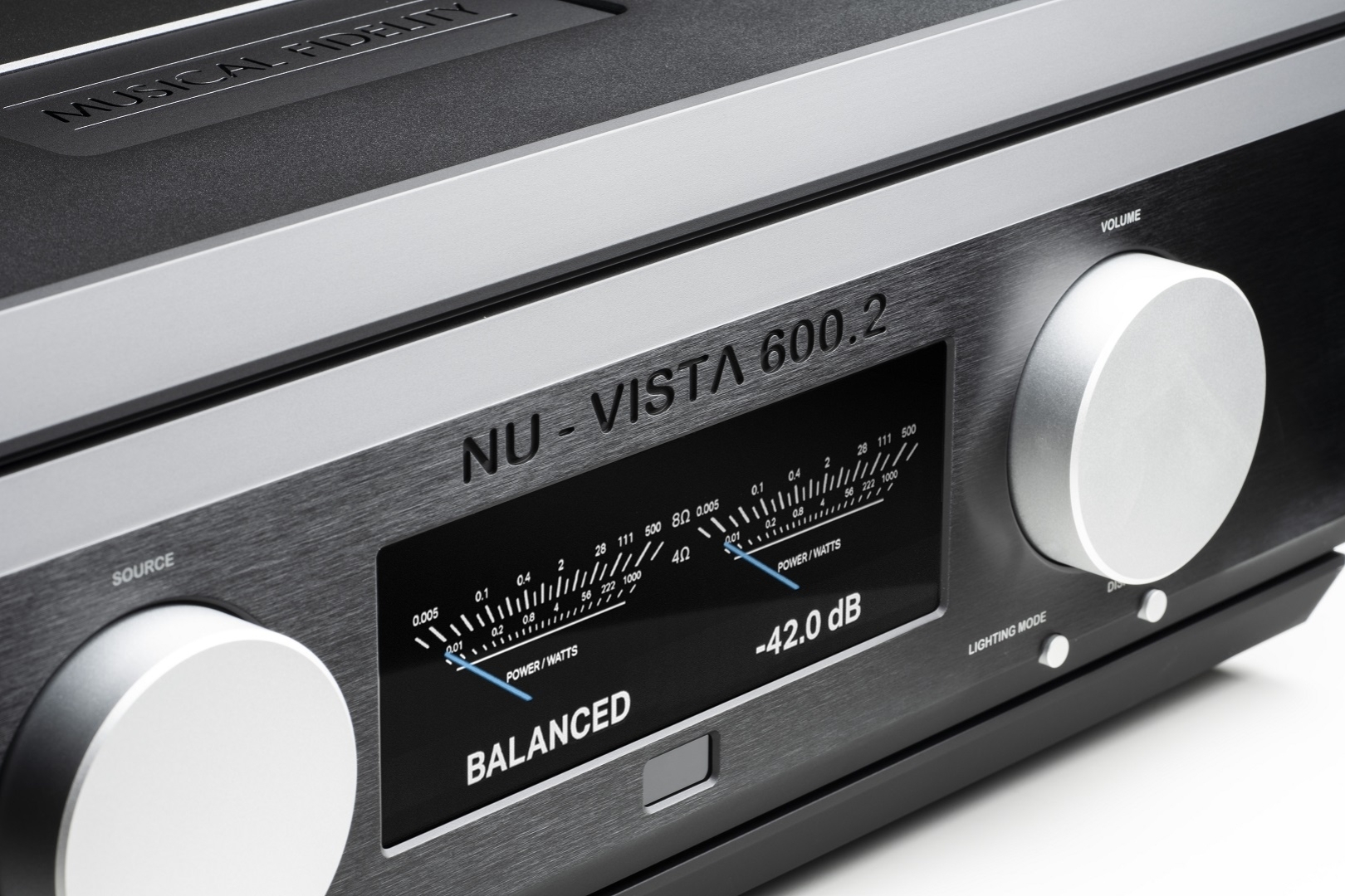 Nu-Vista 600.2 front display showing input selection and volume