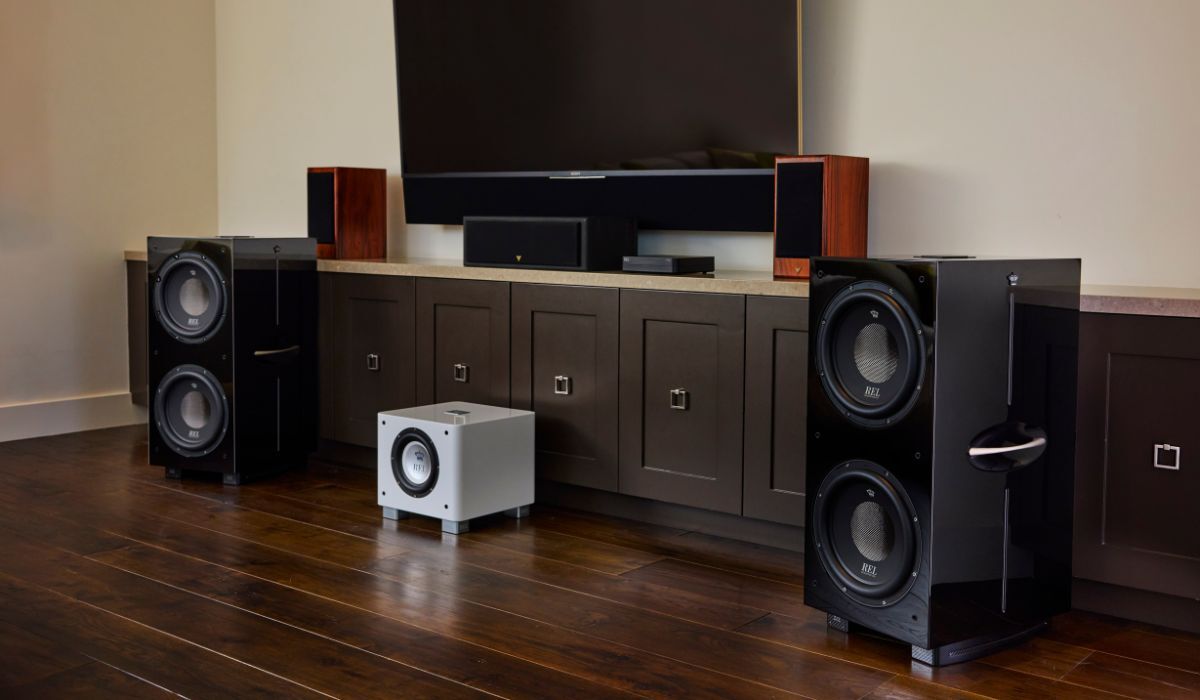 REL 212 Black Label Dual 12" Powered Subwoofer, pair in home listening room