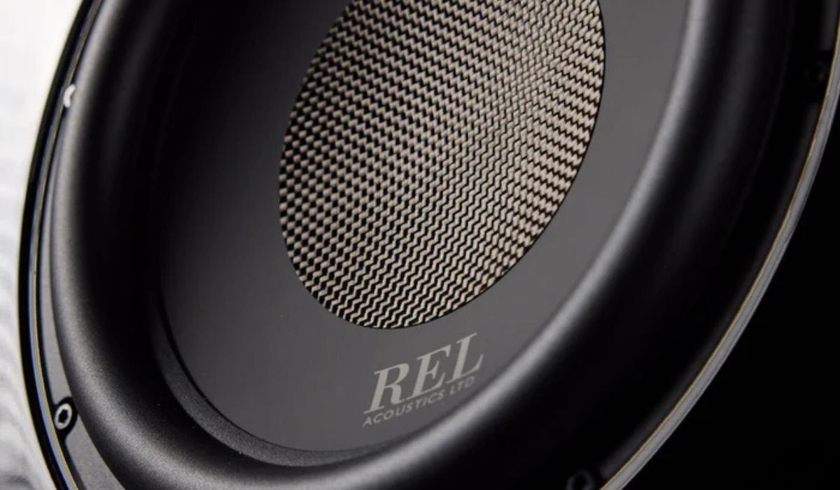 REL 212 Black Label Dual 12" Powered Subwoofer, woofer cone close up detail view