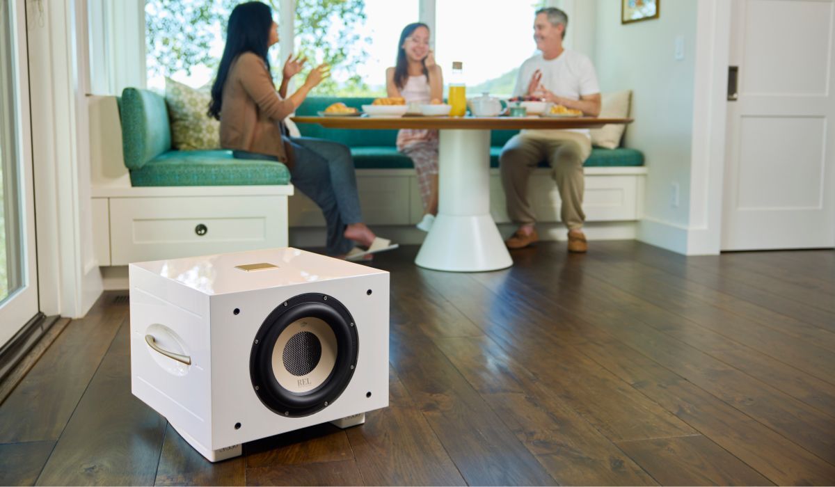 REL S550 10" Powered Subwoofer, piano white at social gathering with fiends