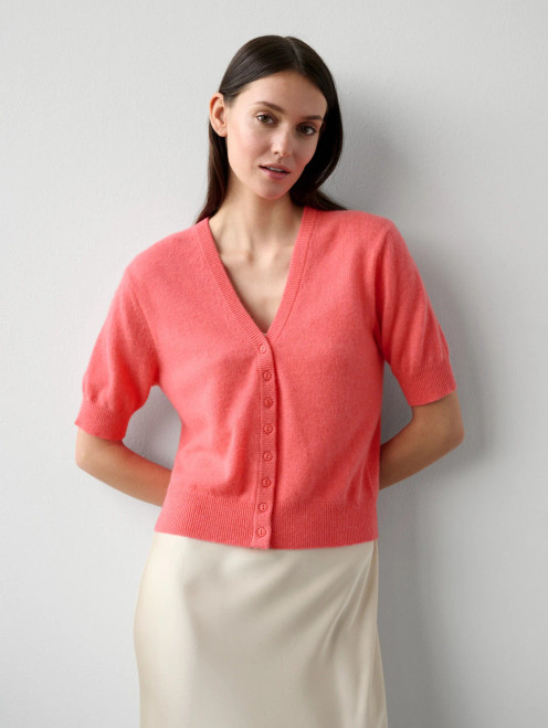 Cashmere Short Sleeve Cardigan in Popsicle Heather