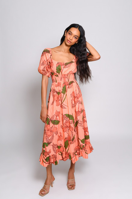 Lora Dress in Peach Delicate Outline Floral