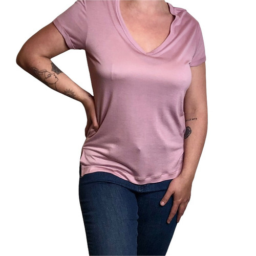 SOLID RAYON  V-NECK SS TOP