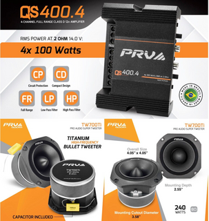 PRV Audio QS400.4 2-Ohm Compact 4-Channel Amplifier + 4x PRV TW700TI Super Tweeters
