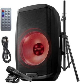 Gemini AS-2115BT-LT-PK speaker system with mic, stand, and remote