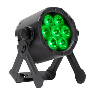 Black stage par light glowing green.