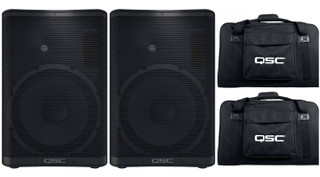 2x QSC CP12 12" 1000W Active PA / DJ Powered Loud Speakers + 2x CP12 Tote Bags.