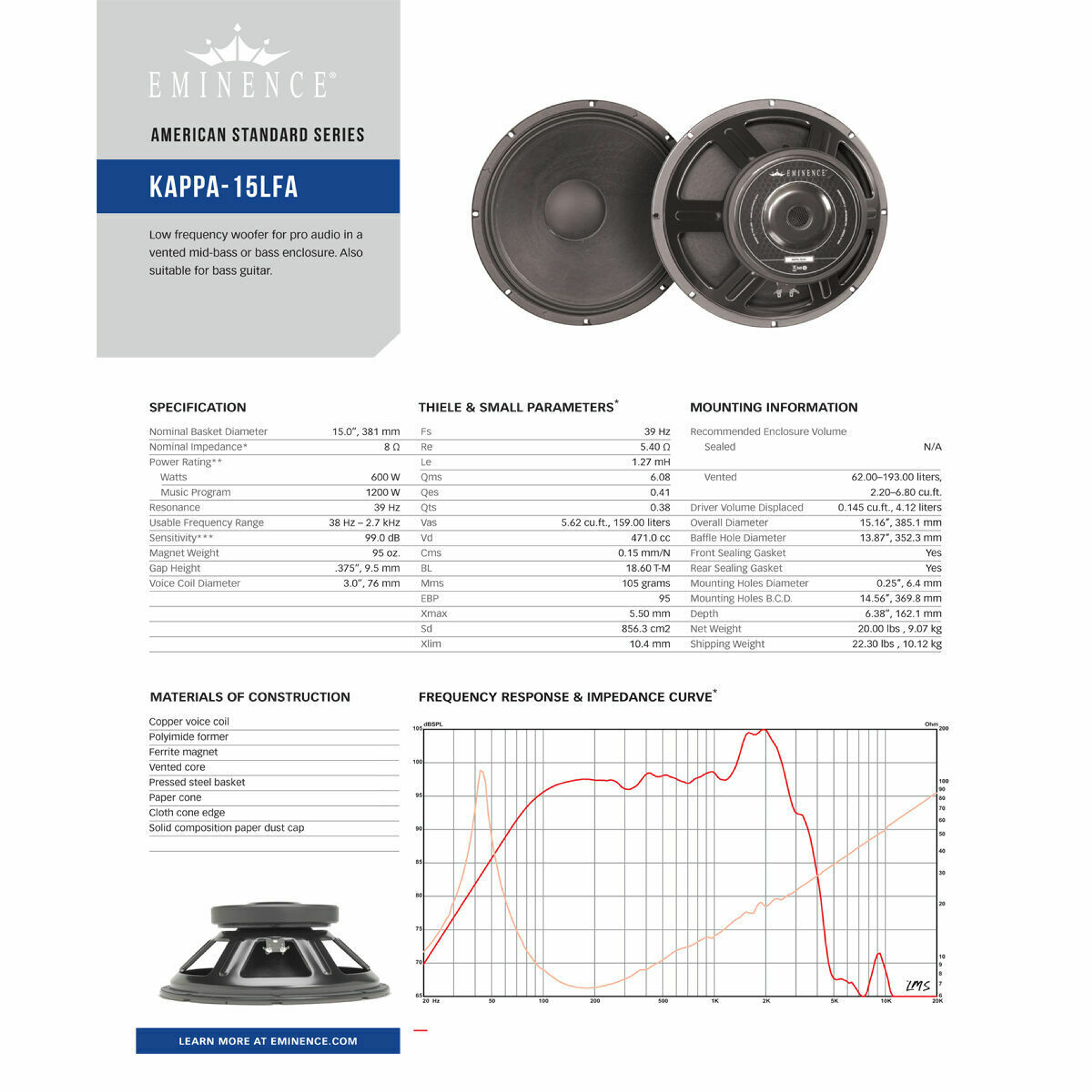 Kappa-15LFA Subwoofer 8-ohm 1200 Watts Speaker