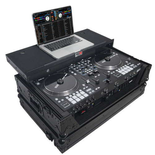 Black on Black Design ProX Flight Case for Pioneer DJ DDJ-SX/RX & Denon MCX7000 With Sliding Laptop Shelf XS-DDJSX WLTBL LED LED Lights and Wheels 