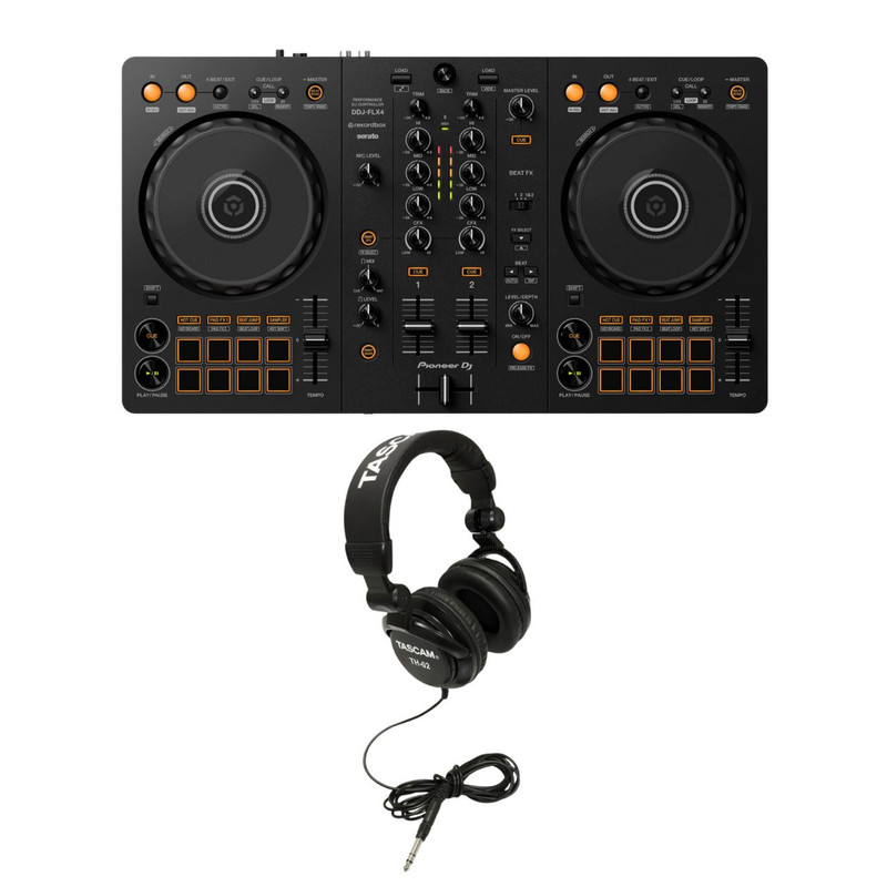 Pioneer DDJ-FLX4 2-Ch DJ Controller, Rekordbox & Serato Compatibility + TASCAM TH-02 Headphones
