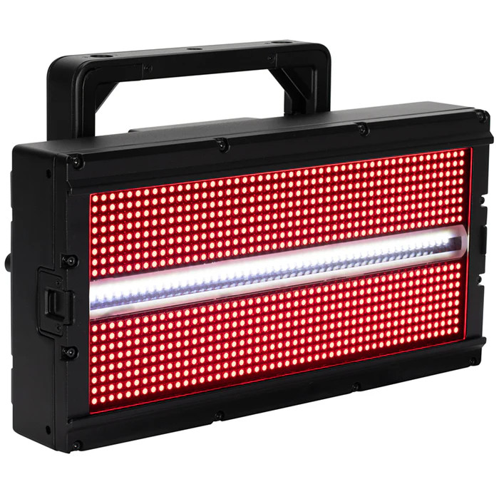 A black LED strobe light panel with red and white lights.
