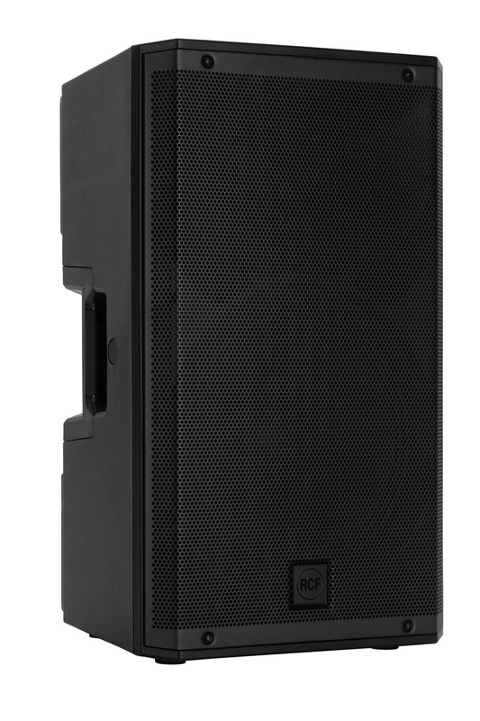 Angled view of a black RCF 812A speaker.