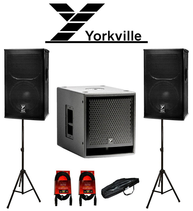 (2) Yorkville EF12P 12" 2400W Active Speakers + (1) PS15S + (2) Stands + 2x 25FT XLR