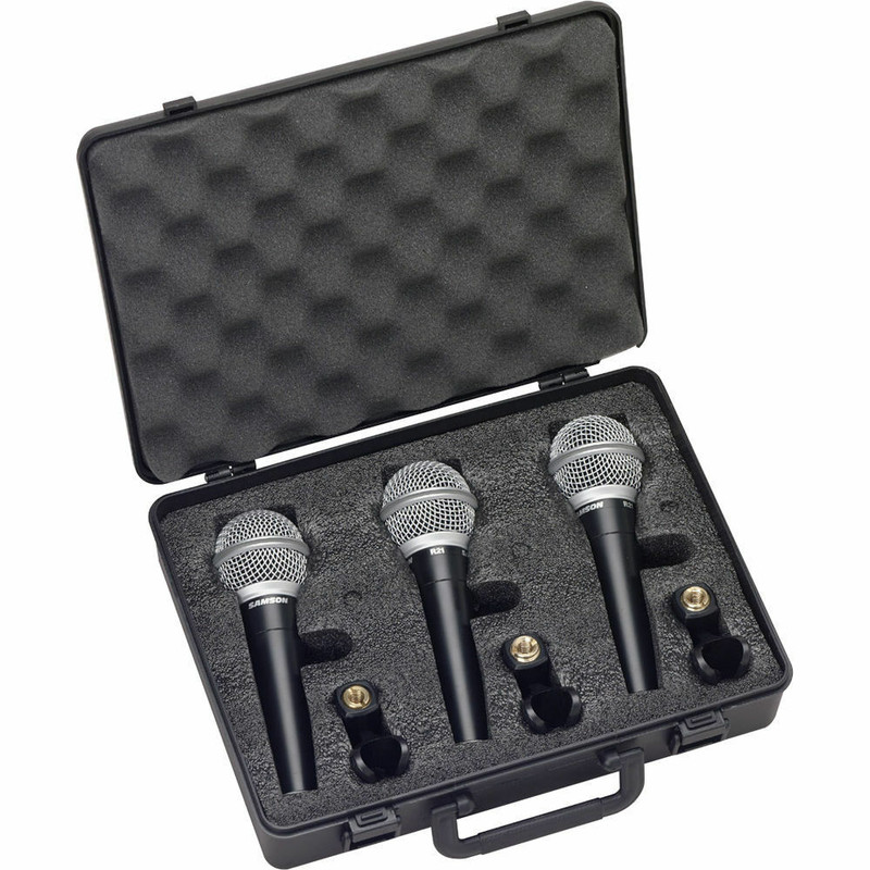 SAMSON R21 Dynamic Vocal Microphone 3-Pack Mics w/ Hard Padded Case & mic Clips